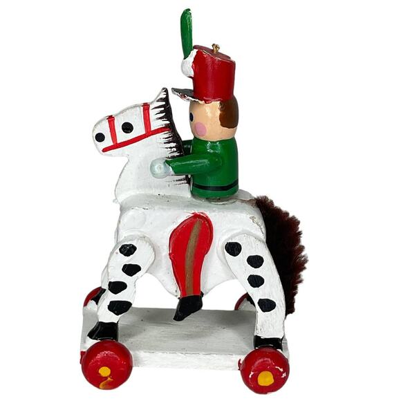 Vintage Wooden Christmas Ornament Toy Soldier on a Rolling Horse - Picture 2 of 9